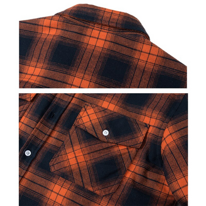 Orange-schwarzes kariertes Flanellhemd, Detailansicht, weicher Stoff, modisches Design.