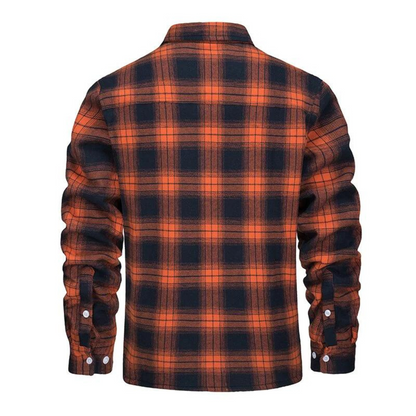 Orange-schwarzes kariertes Flanellhemd, langärmelig, Herrenmode, Rückansicht.