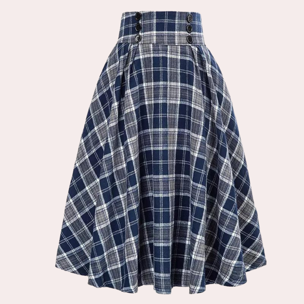 Blauer karierter Rock, A-Linie, Knöpfe, Damenmode, Baumwolle, Vintage-Stil, knielang.