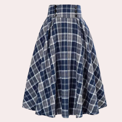 Blauer karierter Rock, A-Linie, Knöpfe, Damenmode, Baumwolle, Vintage-Stil, knielang.