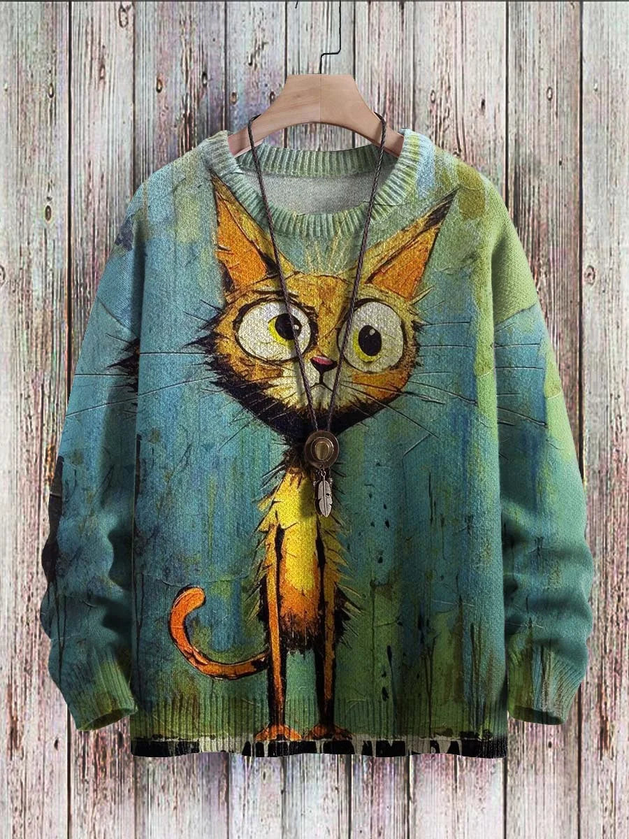 Bunter Katzenpullover, Cartoon-Design, Unisex, Baumwolle, lässig, modisch, Herbstmode.