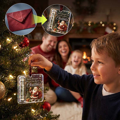 Weihnachtsanhänger Geldhalter aus transparentem Acryl mit Geldrolle am Baum, andere Ansicht