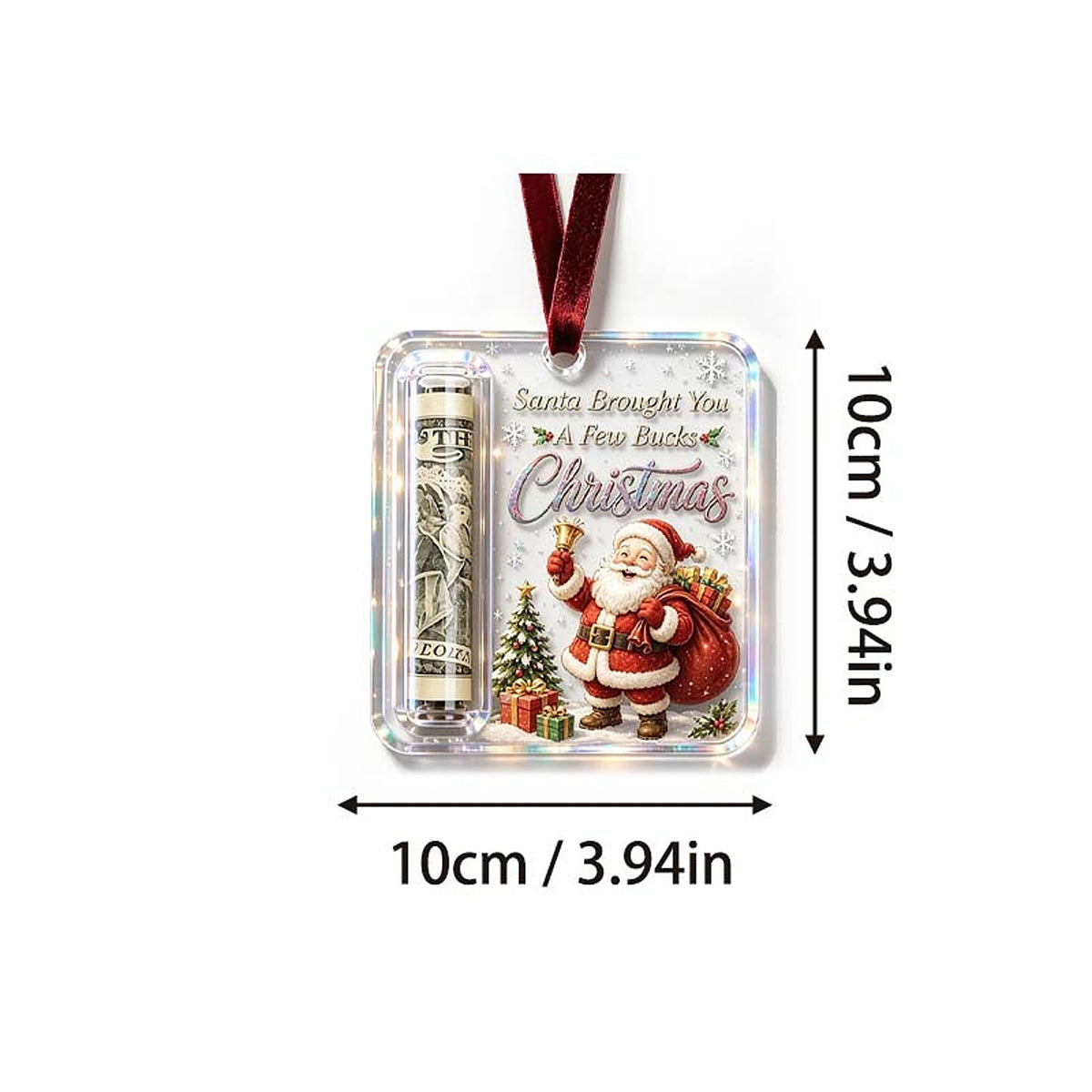 Weihnachtsanhänger Geldhalter aus transparentem Acryl mit Weihnachtsmann-Motiv auf weißem Grund
