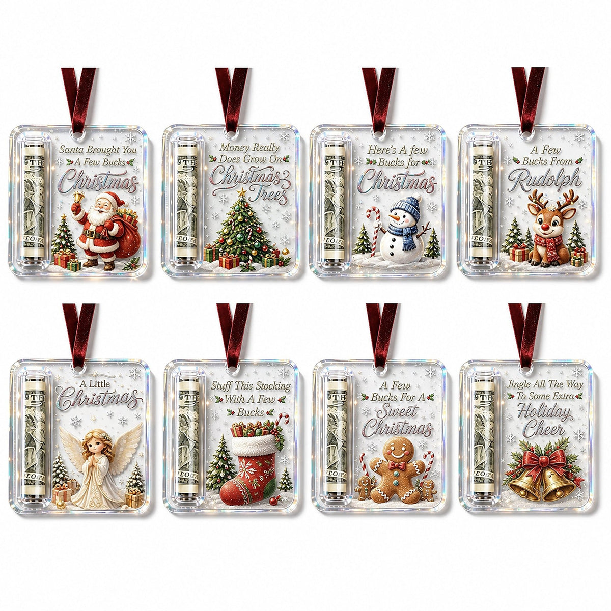 Übersicht mit acht Weihnachtsanhängern Geldhaltern aus transparentem Acryl in verschiedenen Motiven