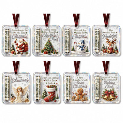 Übersicht mit acht Weihnachtsanhängern Geldhaltern aus transparentem Acryl in verschiedenen Motiven