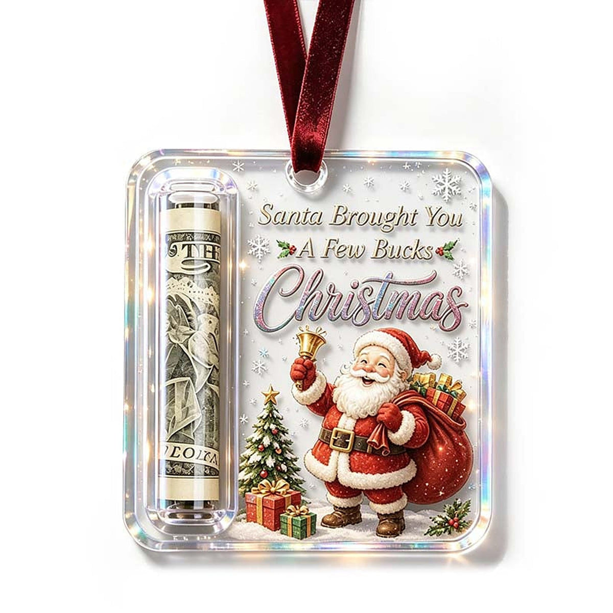 Weihnachtsanhänger Geldhalter aus transparentem Acryl mit Weihnachtsmann-Motiv, Geschenksack und Tannenbaum