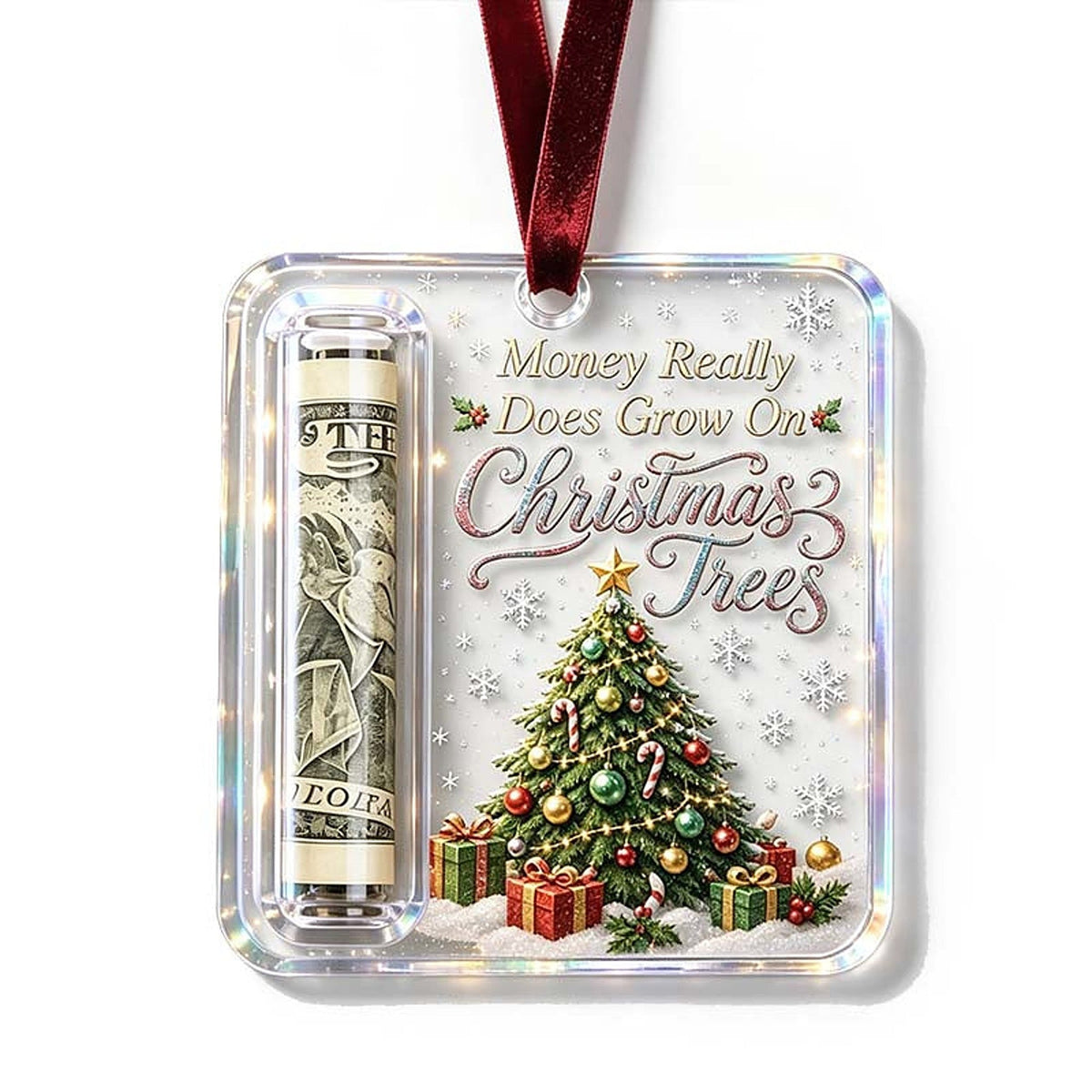 Weihnachtsanhänger Geldhalter aus transparentem Acryl mit geschmücktem Weihnachtsbaum-Motiv