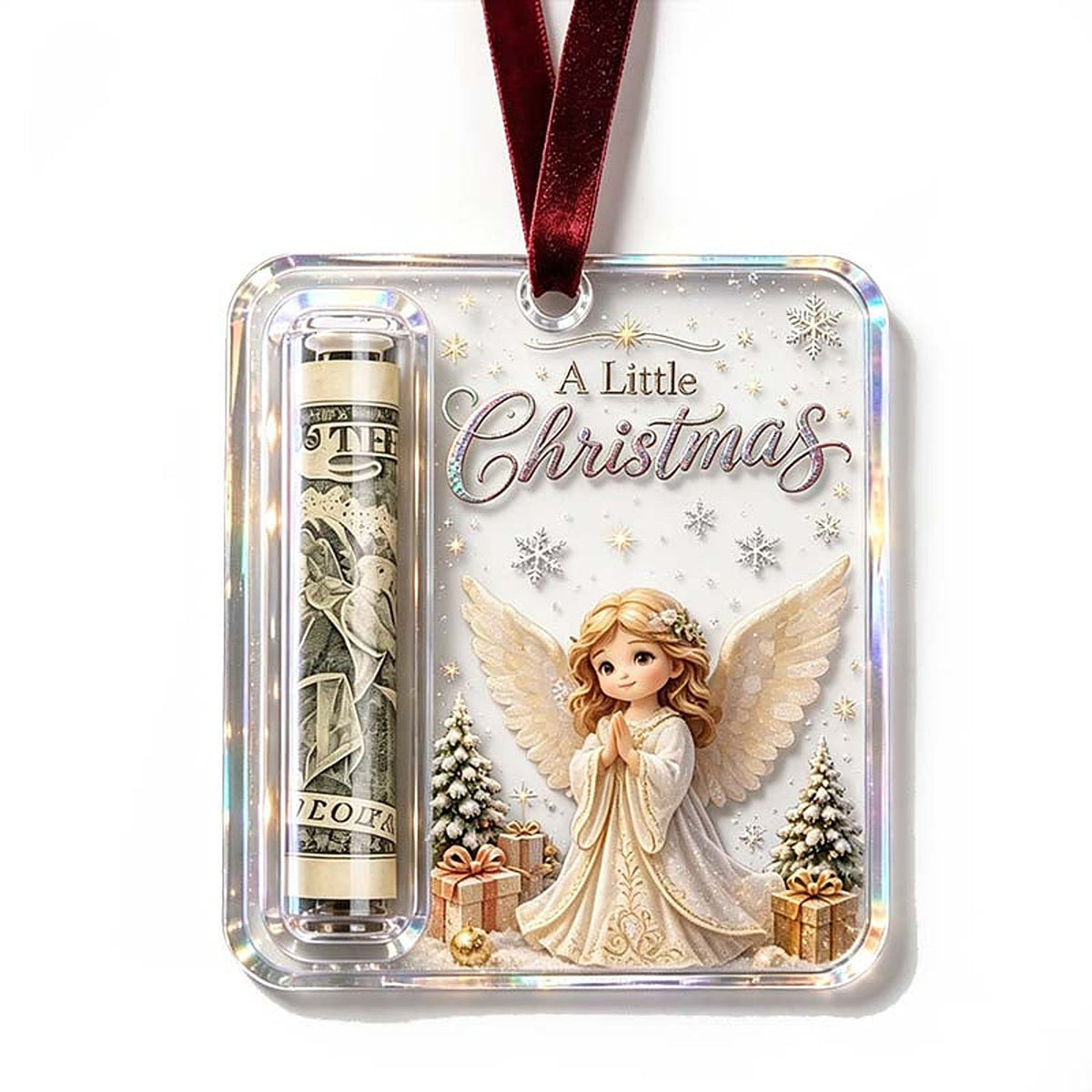 Weihnachtsanhänger Geldhalter aus transparentem Acryl mit Engel-Motiv