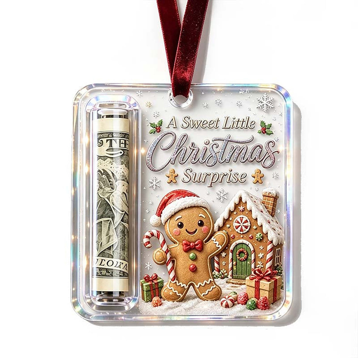 Weihnachtsanhänger Geldhalter aus transparentem Acryl mit Lebkuchenmann-Motiv