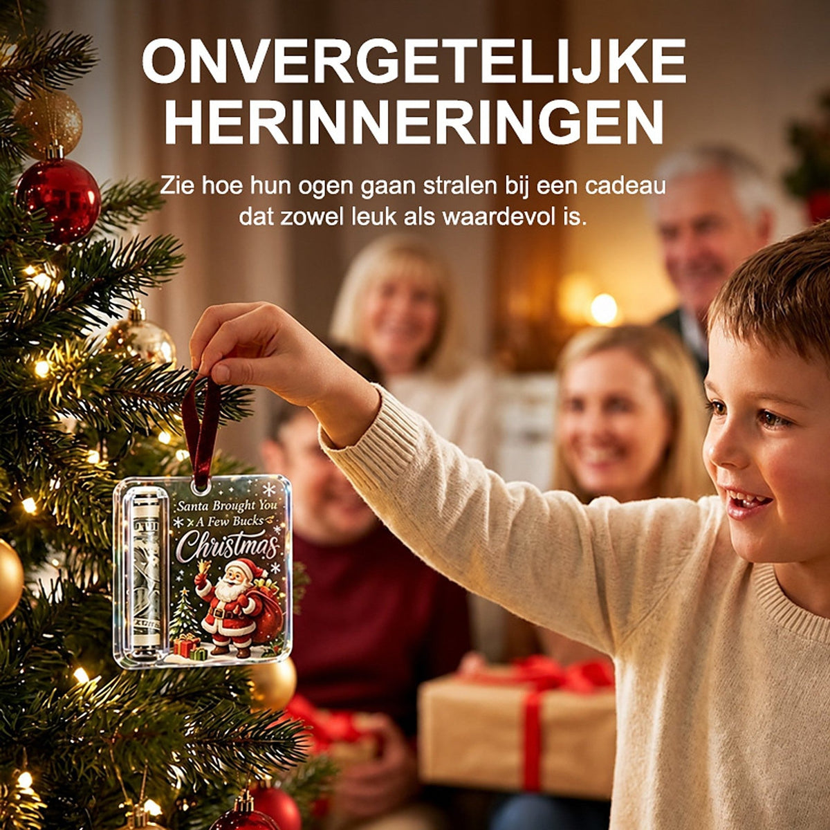 Weihnachtsanhänger Geldhalter aus transparentem Acryl mit Geldrolle am Tannenzweig, andere Ansicht