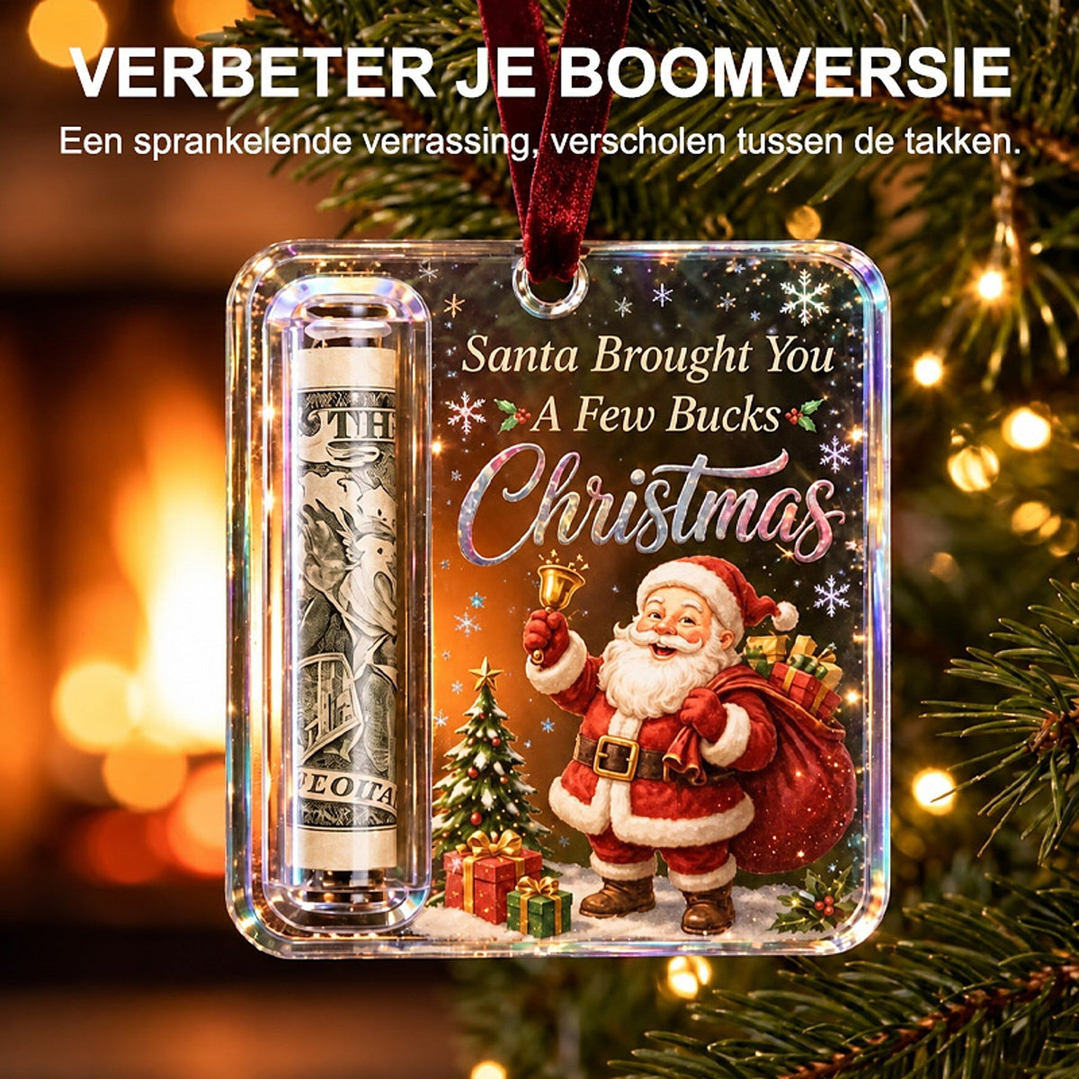Weihnachtsanhänger Geldhalter aus transparentem Acryl mit Weihnachtsmann-Motiv und rotem Band, andere Ansicht