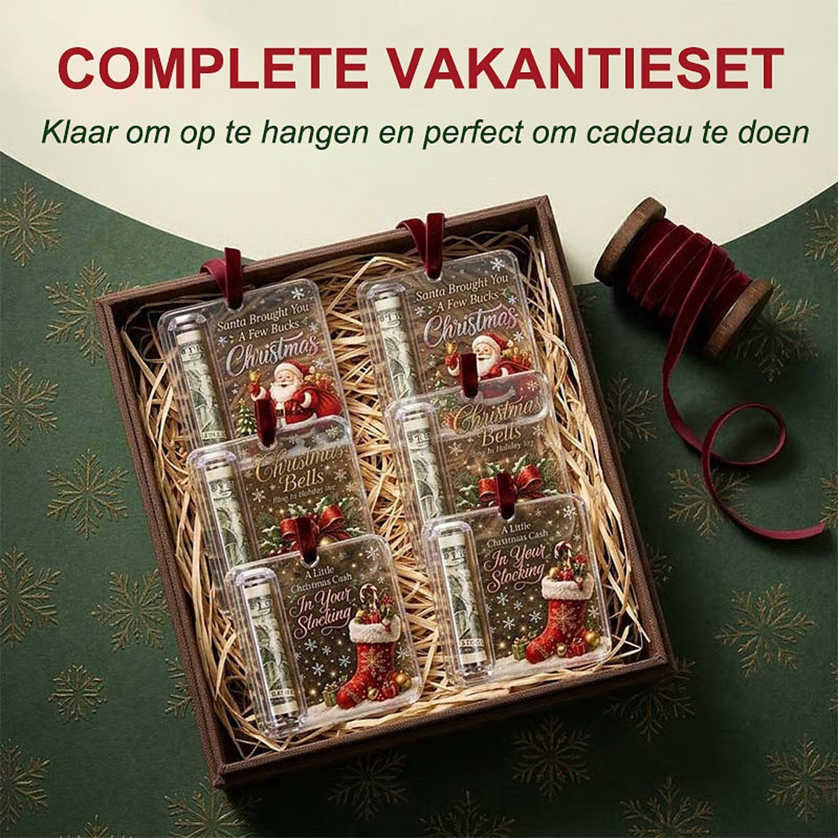 Set mit 8 Weihnachtsanhängern Geldhaltern aus transparentem Acryl im Holzkasten, andere Ansicht