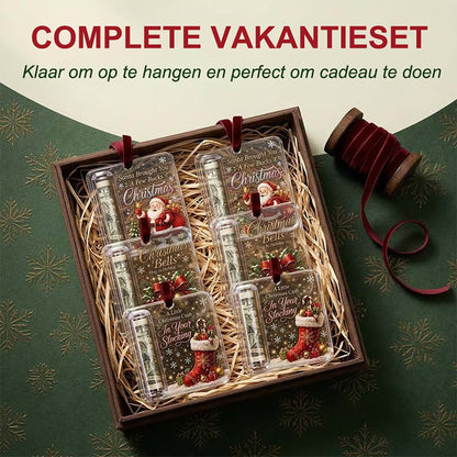 Set mit 8 Weihnachtsanhängern Geldhaltern aus transparentem Acryl im Holzkasten, andere Ansicht