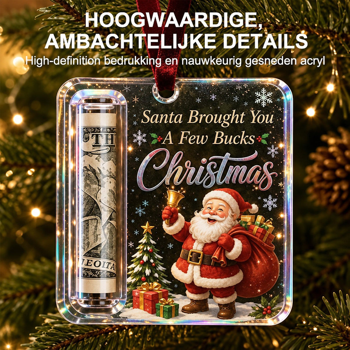 Weihnachtsanhänger Geldhalter aus transparentem Acryl mit Weihnachtsmann-Motiv, Detail