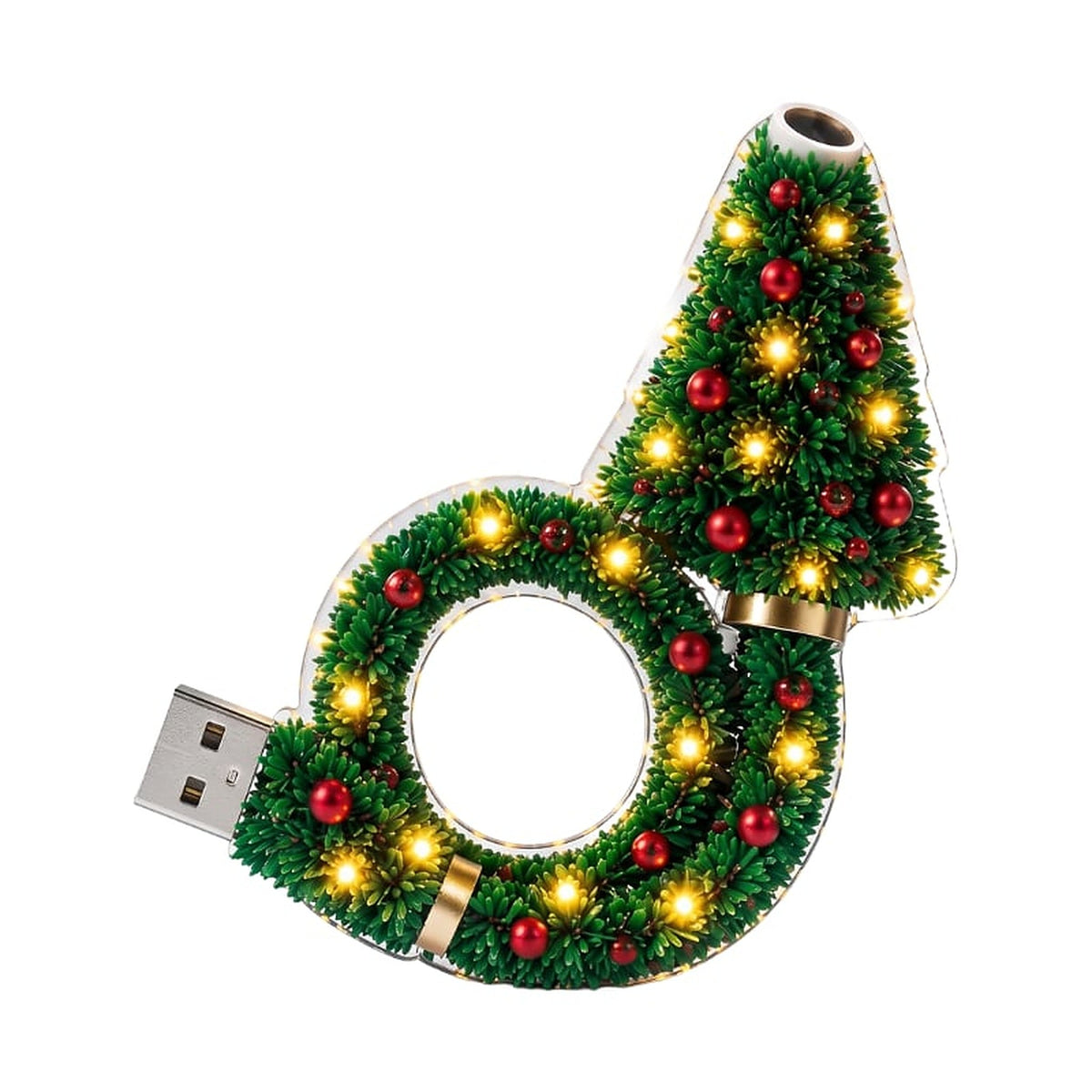 Freigestellte Frontansicht der Projektorlampe: Tannenzweig-Kranz mit roten Kugeln, warm leuchtenden Lichtern, USB-Stecker links und Linse an der Baumspitze. 1