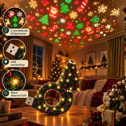 Lampe leuchtend auf einem Holztisch im Wohnzimmer, an der Decke bunte Weihnachtsmotive, dazu drei Detailkreise zu Muster, USB-Anschluss und Licht. 2