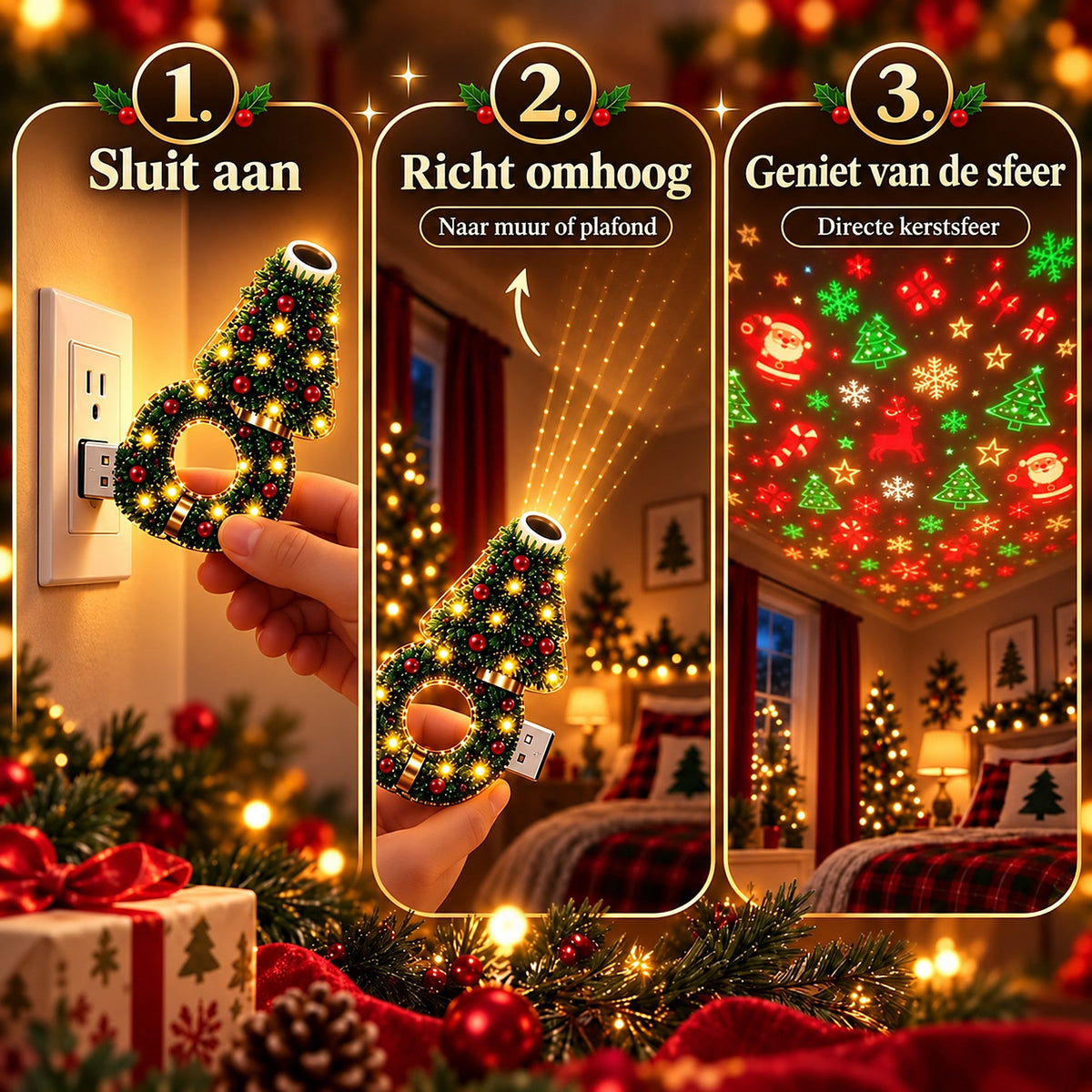 Dreiteilige Anleitungsgrafik: Lampe in die Steckdose stecken, nach oben ausrichten, dann Weihnachtsmotive an der Zimmerdecke genießen. 3