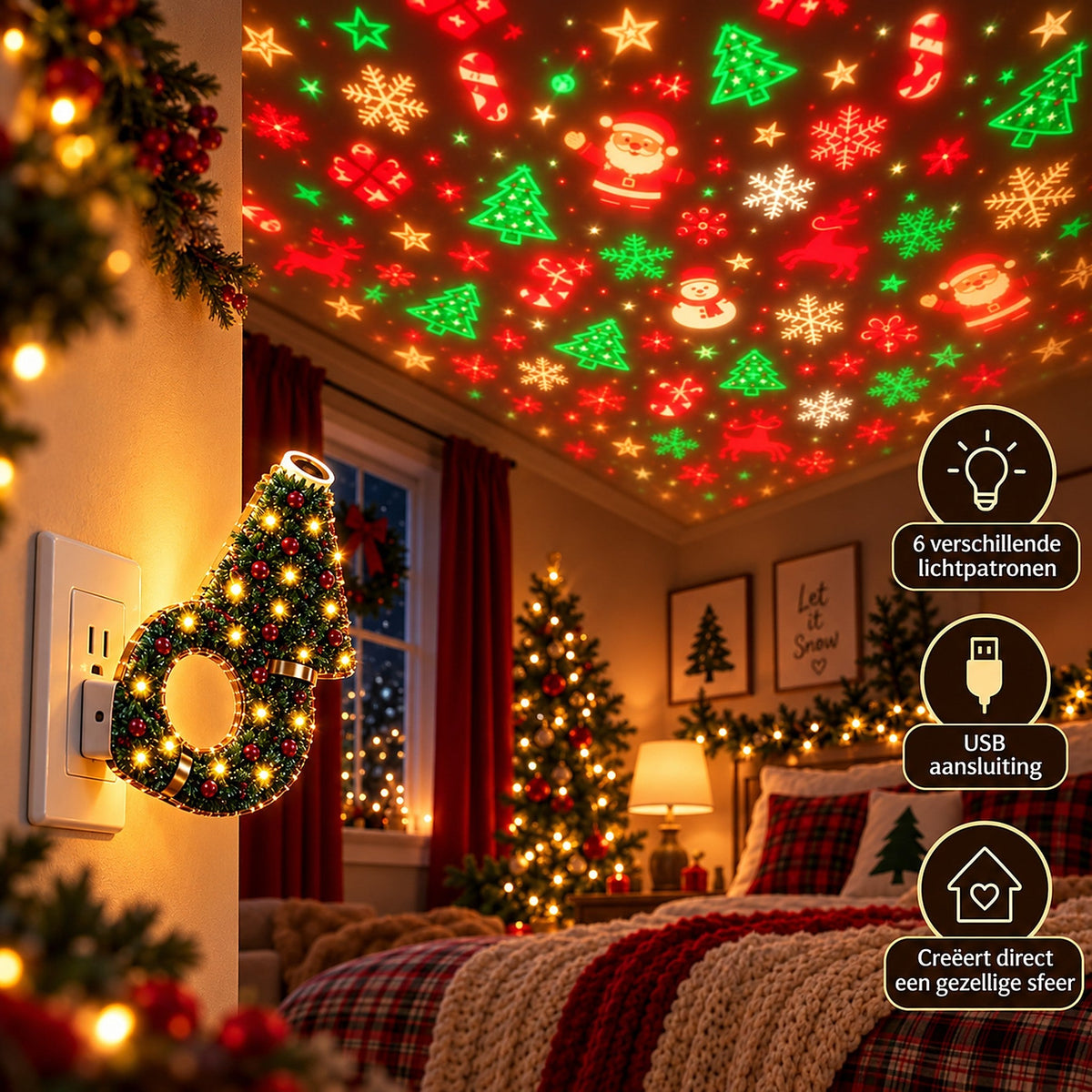 Lampe an einer Wandsteckdose im Schlafzimmer, die Decke zeigt rote und grüne Weihnachtsmotive, rechts drei Symbole zu Eigenschaften. 4