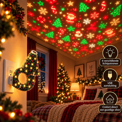 Lampe an einer Wandsteckdose im Schlafzimmer, die Decke zeigt rote und grüne Weihnachtsmotive, rechts drei Symbole zu Eigenschaften. 4