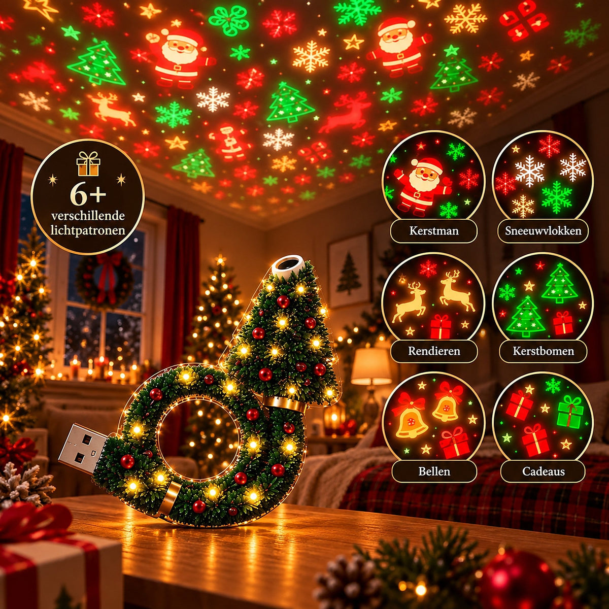 Lampe auf dem Tisch vor Weihnachtsbaum, an der Decke Motive; rechts sechs Kreise zeigen Weihnachtsmann, Schneeflocken, Rentiere, Bäume, Glocken, Geschenke. 5