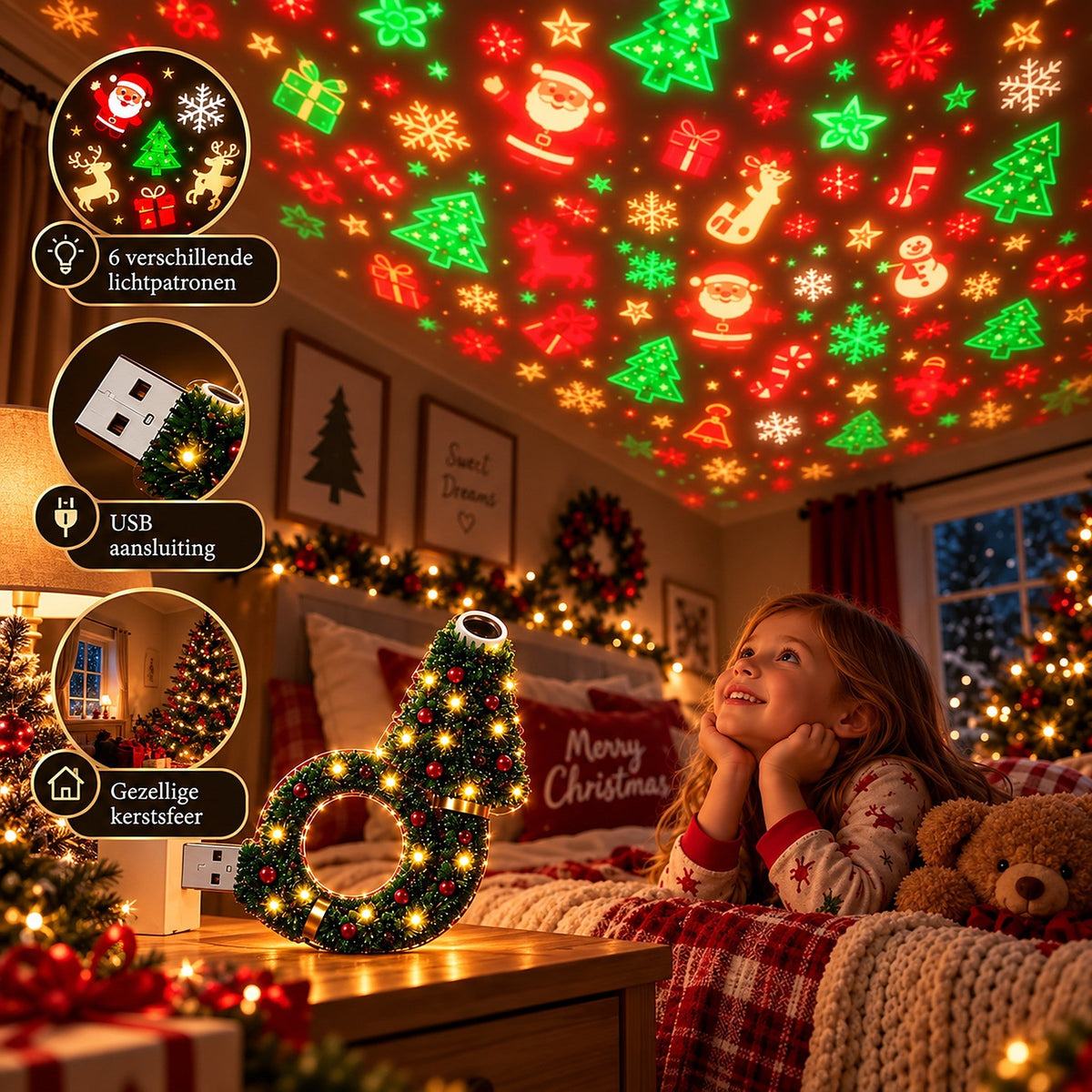 Lächelndes Mädchen im Schlafanzug schaut im Bett zur Decke mit Weihnachtsmotiven; die Lampe leuchtet auf dem Nachttisch daneben. 6