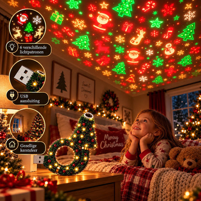 Lächelndes Mädchen im Schlafanzug schaut im Bett zur Decke mit Weihnachtsmotiven; die Lampe leuchtet auf dem Nachttisch daneben. 6