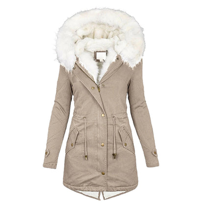 Khaki Winterjacke mit weißem Kunstfellkragen, Damenmantel, warm, modisch, Outdoor-Bekleidung.