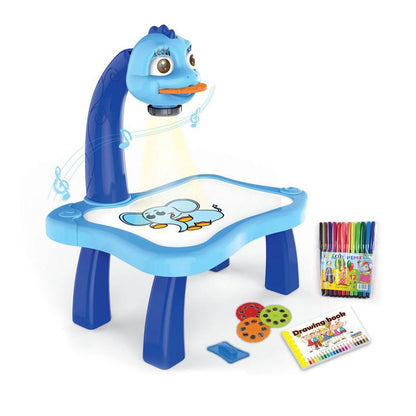 Blauer Kindermaltisch mit Projektor, Stiften und Malbuch, ideal für kreatives Zeichnen.