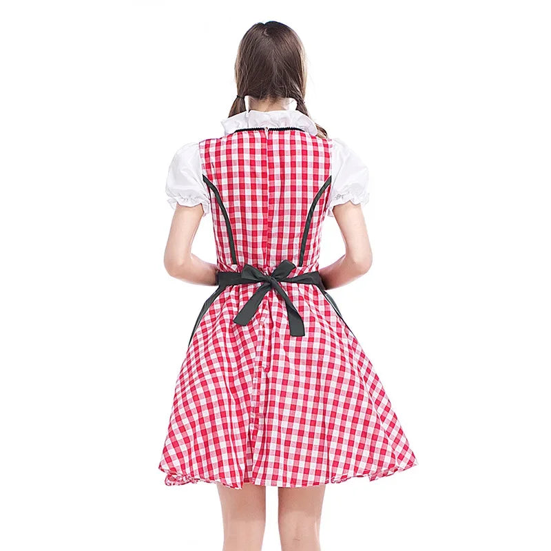 Rot-weiß kariertes Dirndl mit dunkler Schürzenschleife und weißen Puffärmeln, Rückansicht.