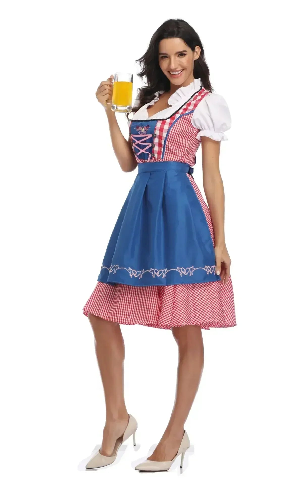 Rot kariertes Dirndl mit blauer bestickter Schürze und rosa Schnürung, seitliche Ansicht.
