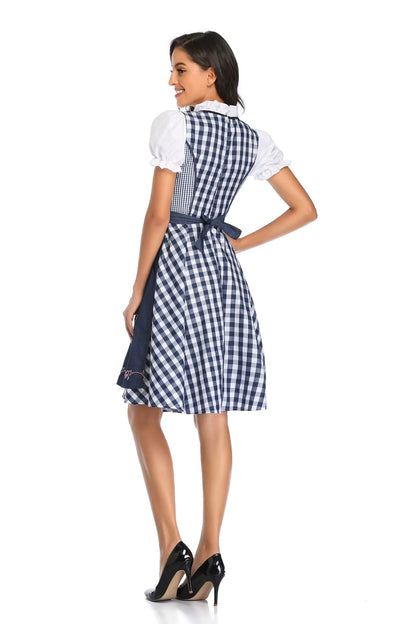 Blau-weiß kariertes Dirndl mit blauer Schürzenschleife und weißen Puffärmeln, Rückansicht.