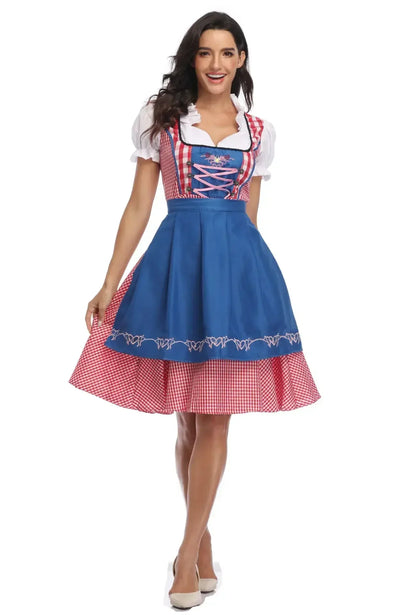 Rot kariertes Dirndl mit blauer bestickter Schürze, rosa Schnürung und weißer Bluse, Frontansicht.