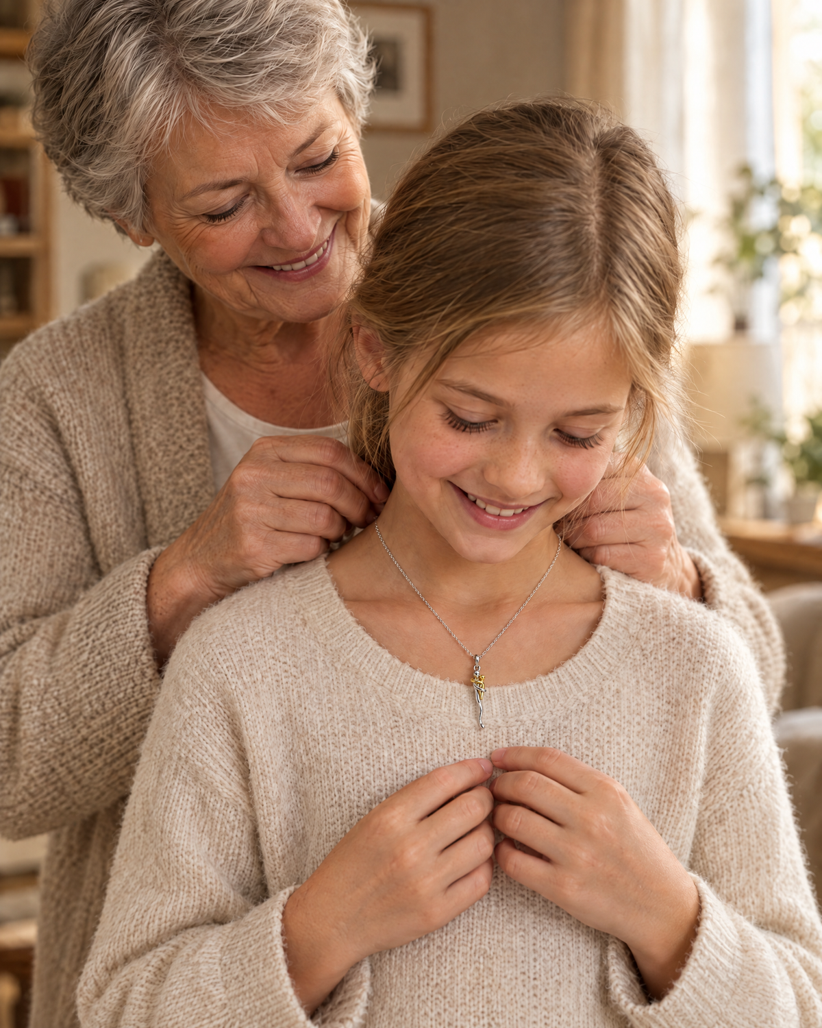 Großmutter legt einem lächelnden Mädchen im cremefarbenen Pullover die Kette mit dem silber-goldenen Anhänger um den Hals. 4