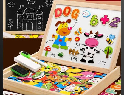 Montessori Kreativtafel aus Holz mit Magnetbuchstaben und Zahlen, bunte Tiermotive, Lernspielzeug.