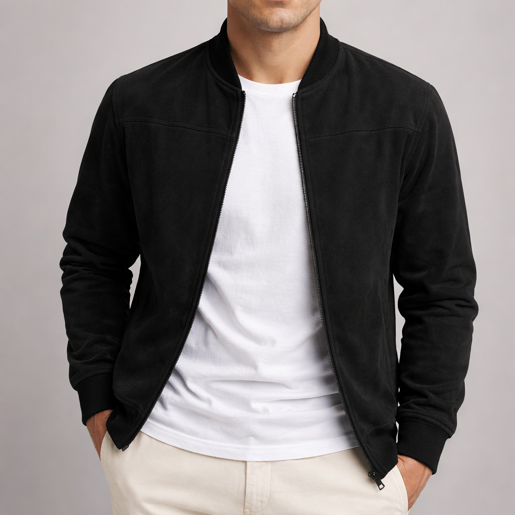 Beige-braune Herrenjacke aus Wildlederimitat, detail.