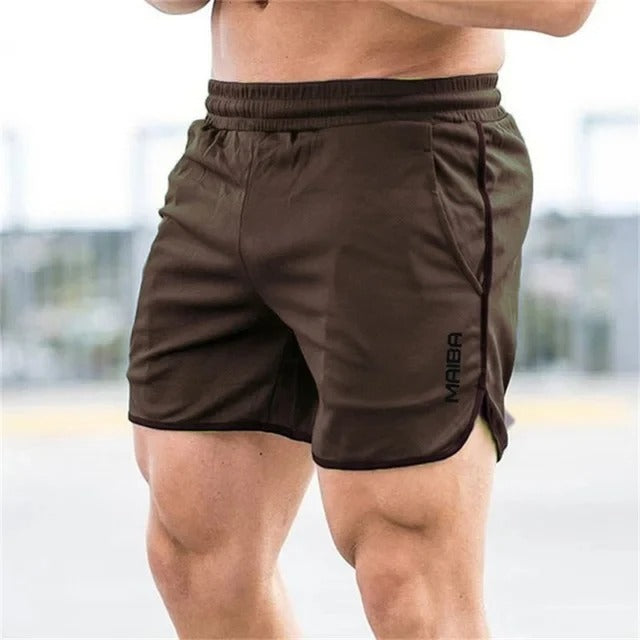 Braune Herren-Trainingsshorts, elastischer Bund, atmungsaktiv, Fitnessbekleidung.