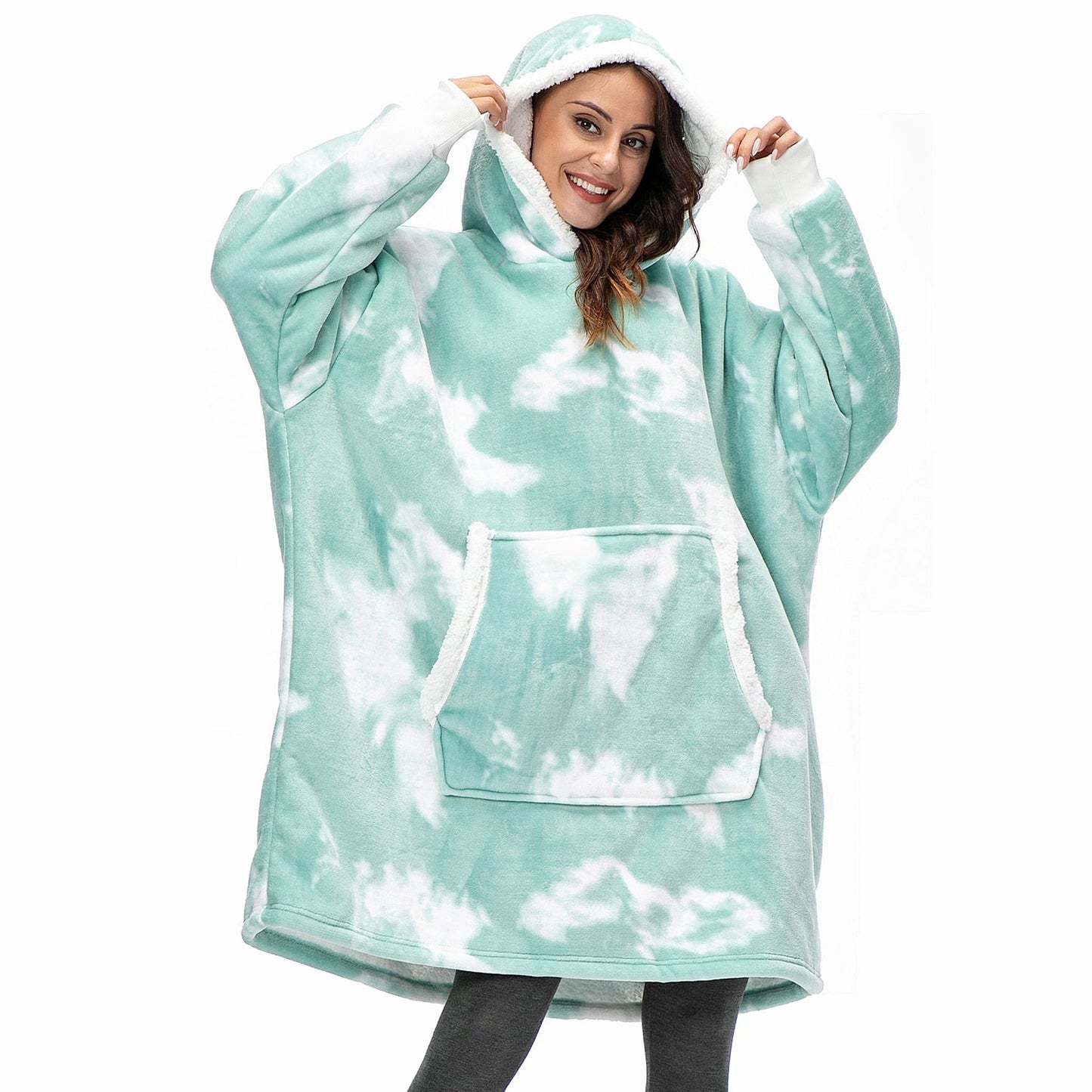 Flauschiger Hoodie-Decke, mintgrün, Wolkenmuster, Kapuze, gemütlich, warm, Damenmode.