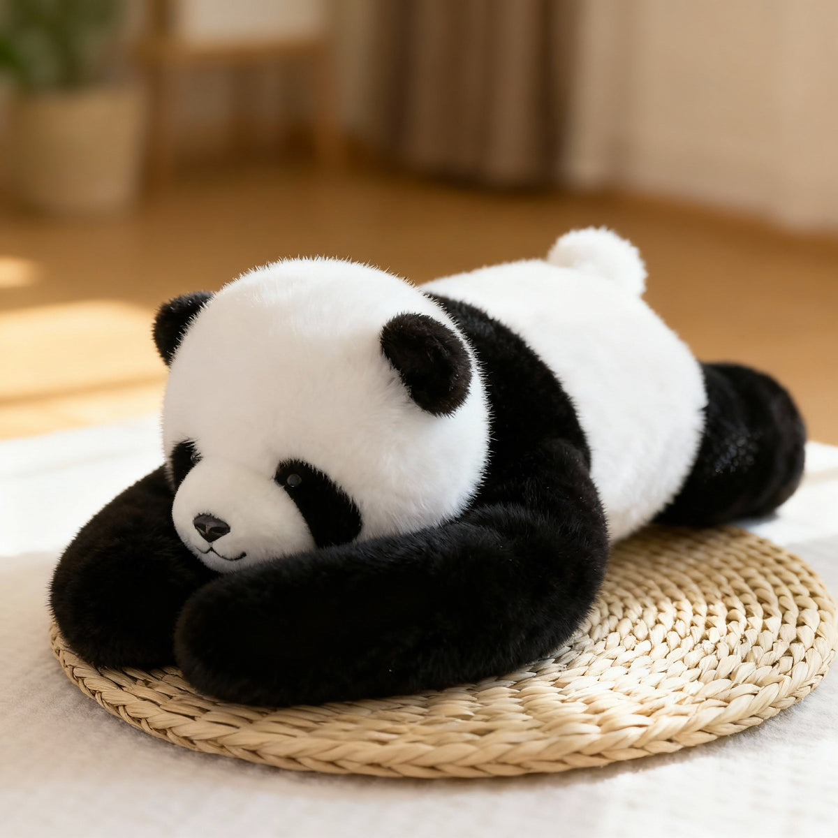 Schwarz-weißes Panda-Plüschtier aus fleece mit langen Armen auf einer geflochtenen Unterlage