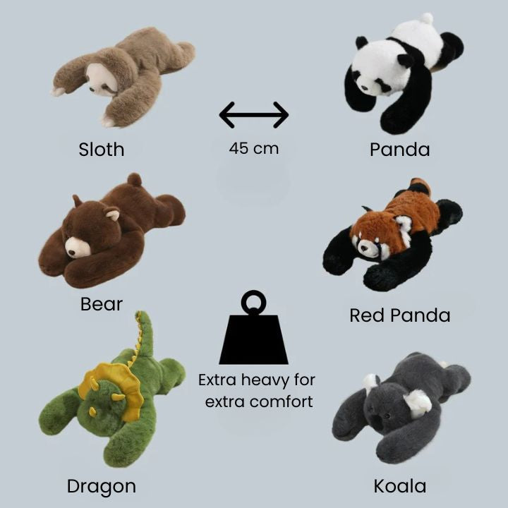 Übersicht aller sechs Plüschtier-Varianten in 45 cm Länge: Faultier, Panda, Bär, roter Panda, Drache und Koala