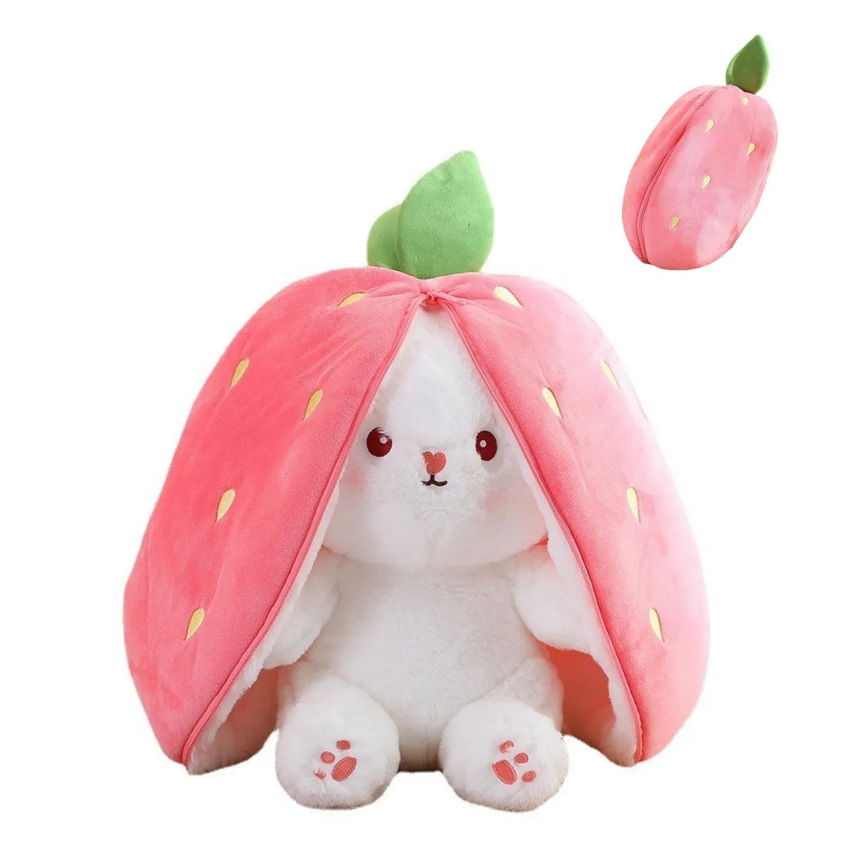 Kaninchen Plüschtier in Erdbeer-Kostüm, rosa und weiß, weiches Spielzeug, Geschenkidee.