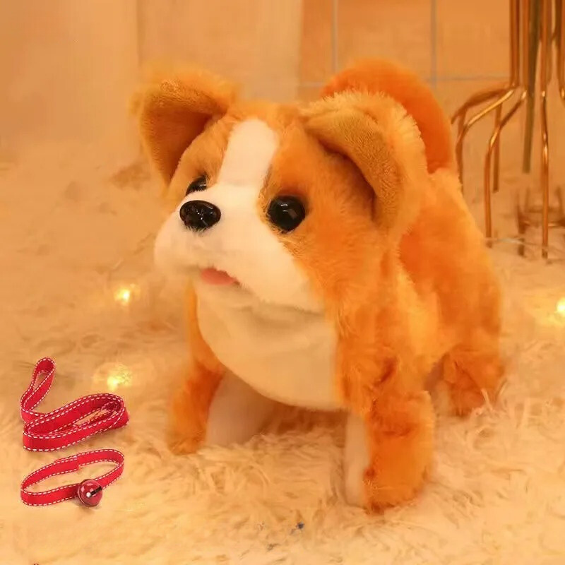 Plüsch Shiba Inu Hundespielzeug, braun-weiß, mit roter Leine, weiches Kuscheltier für Kinder