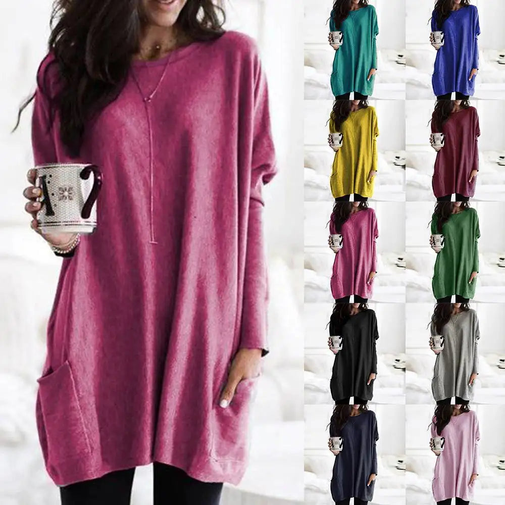 Frau in rosa Langarm-Tunika mit Tasche, lässig, verschiedene Farben, Damenmode, Plus-Size.