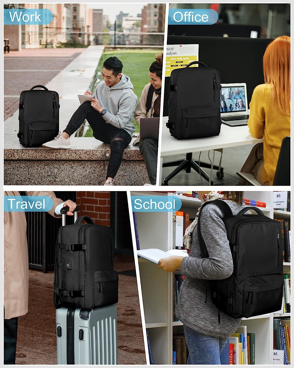 40L Wasserdichter Reiserucksack mit Schuhfach und USB-Anschluss – Geeignet für 14”-Laptops