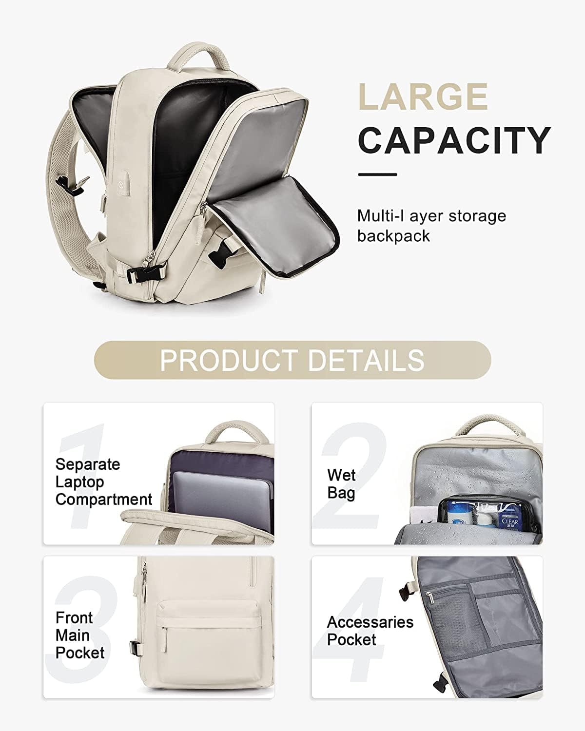 40L Wasserdichter Reiserucksack mit Schuhfach und USB-Anschluss – Geeignet für 14”-Laptops