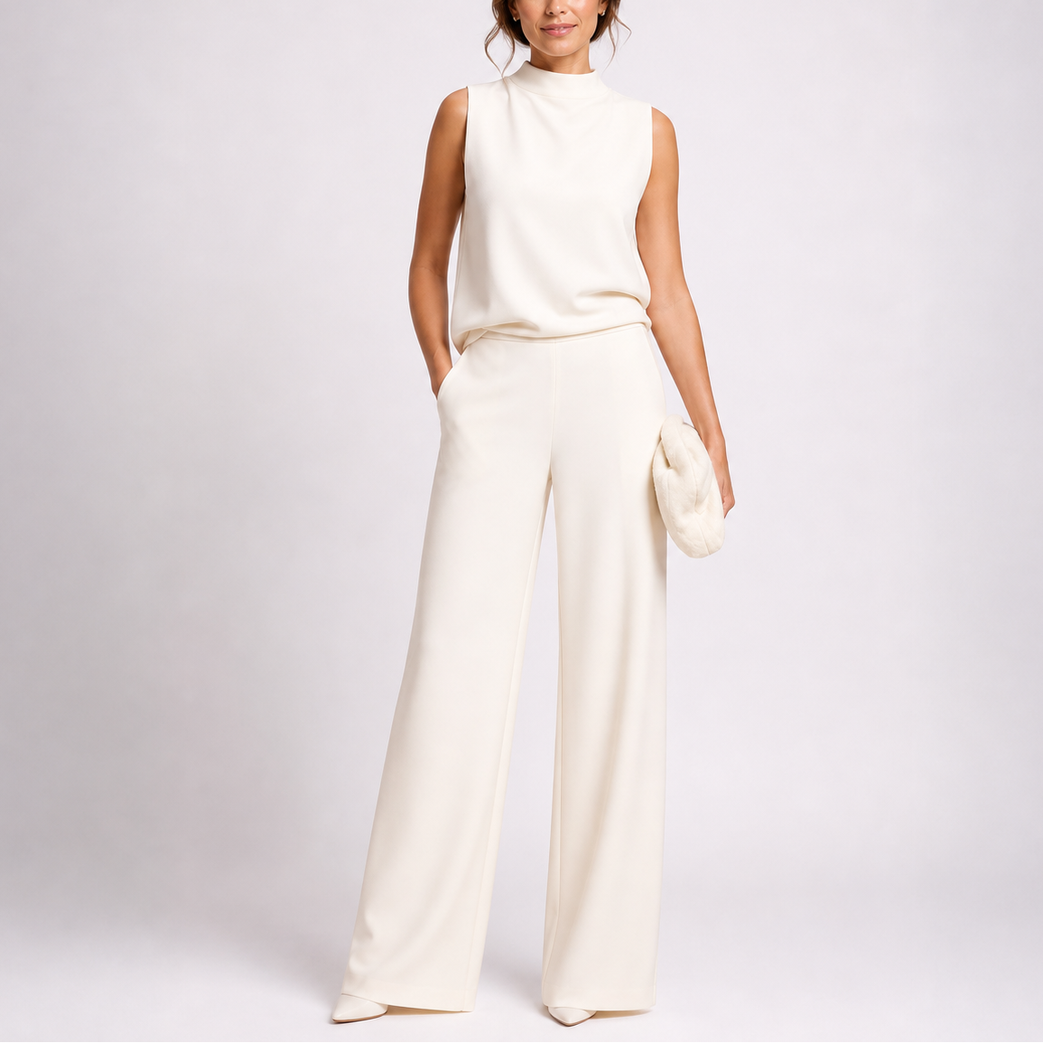 Ärmelloser Overall in Cremeweiß mit hohem Kragen und weiter Hose, am Model mit Fellclutch in der Hand 2