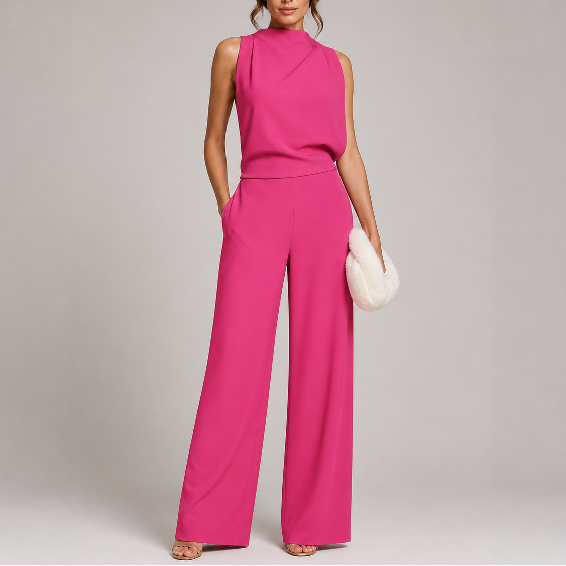 Overall in leuchtendem Pink mit hohem Kragen und drapiertem Oberteil, am Model mit Hand in der Tasche 4