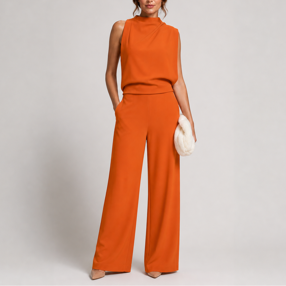 Orangefarbener ärmelloser Overall mit hohem Kragen und weiter Hose, am Model mit cremefarbener Clutch 5