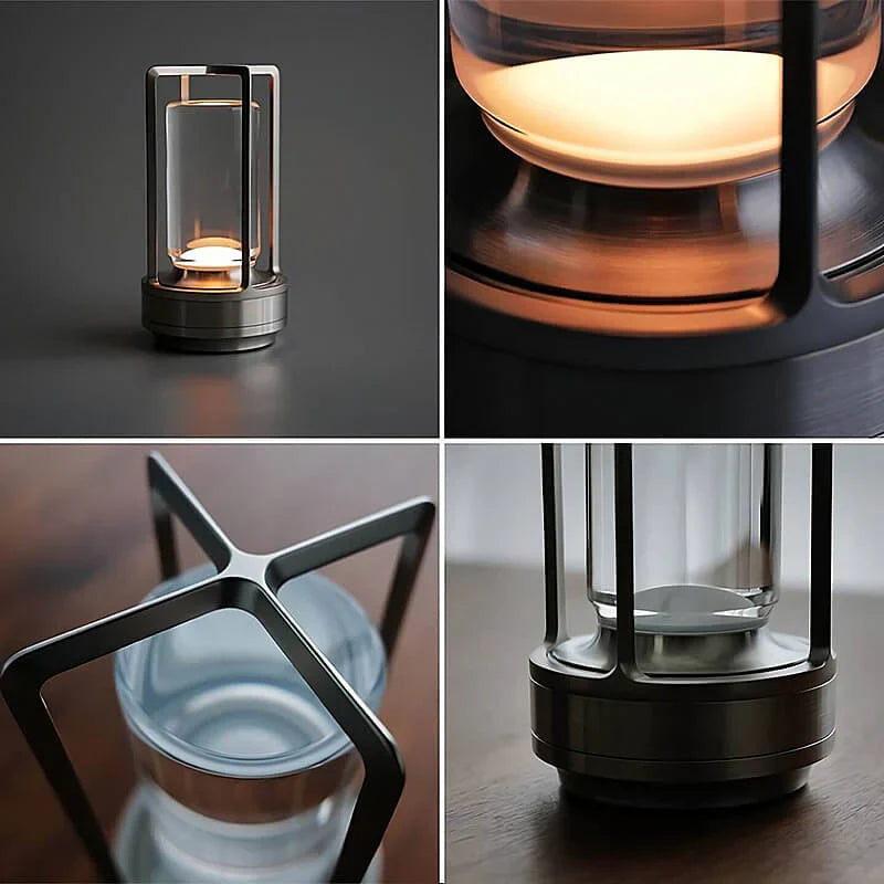 Moderne LED-Laterne aus Metall und Glas, warmweißes Licht, stilvolles Design, Tischbeleuchtung.