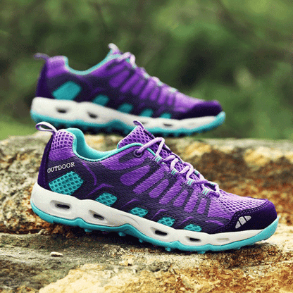 Lila Outdoor-Schuhe, atmungsaktiv, rutschfest, ideal für Wandern, Damen, Herren, Sport, Freizeit.