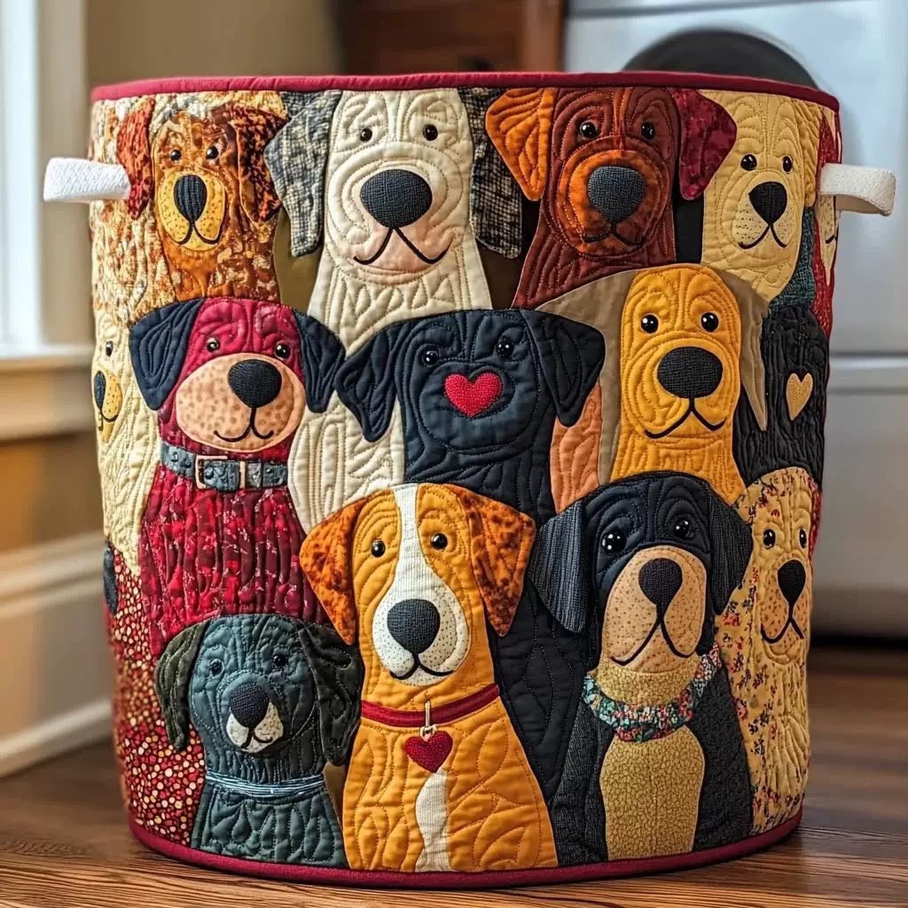 Runder gesteppter Wäschekorb mit bunten Hunde-Patchwork-Motiven, roter Einfassung und hellen Stoffgriffen, frei stehend auf einem Holzboden vor einer Waschmasch 1